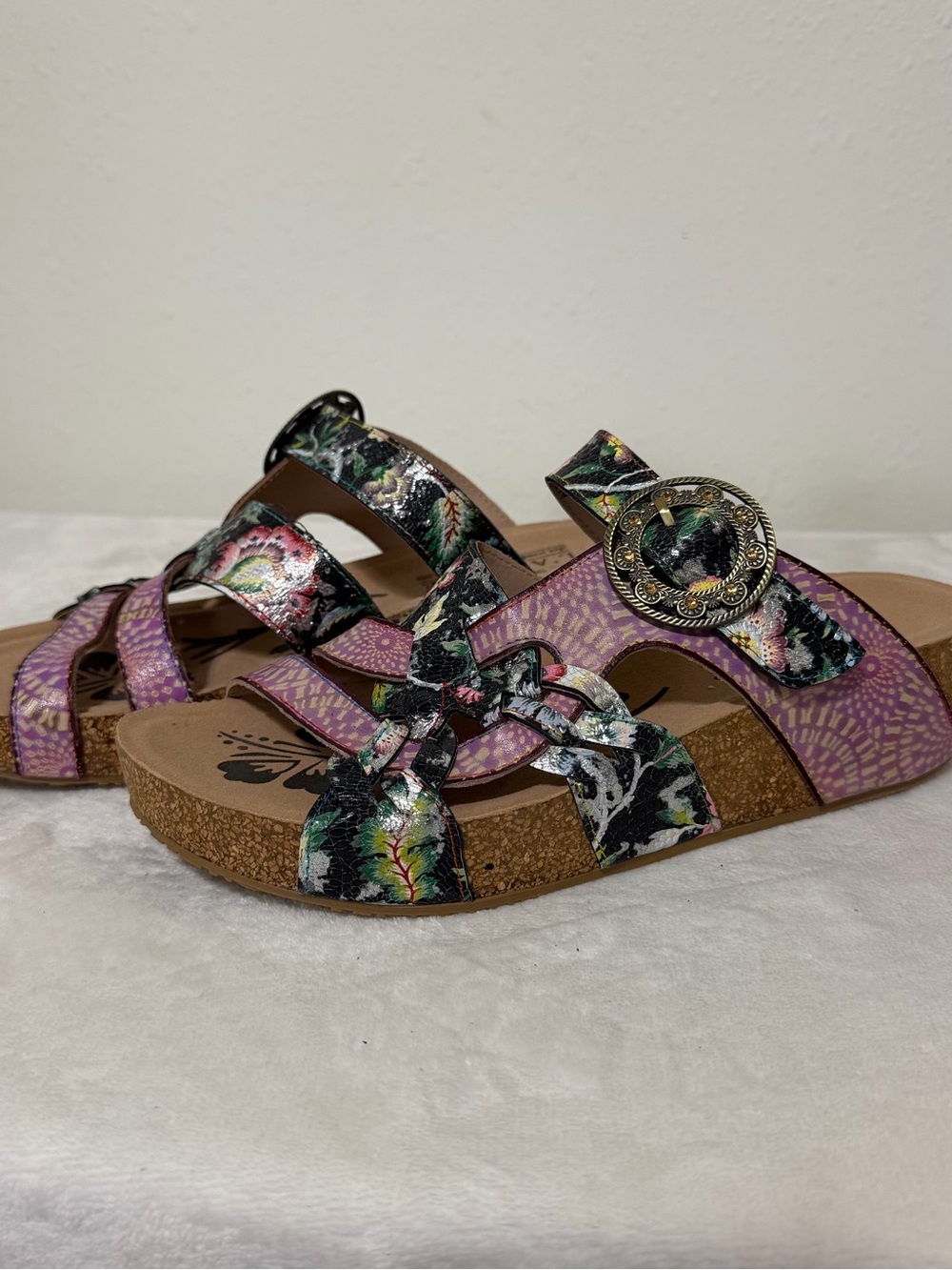 Women's Floral Cork Slide Sandals with Decorative Buckle in Purple